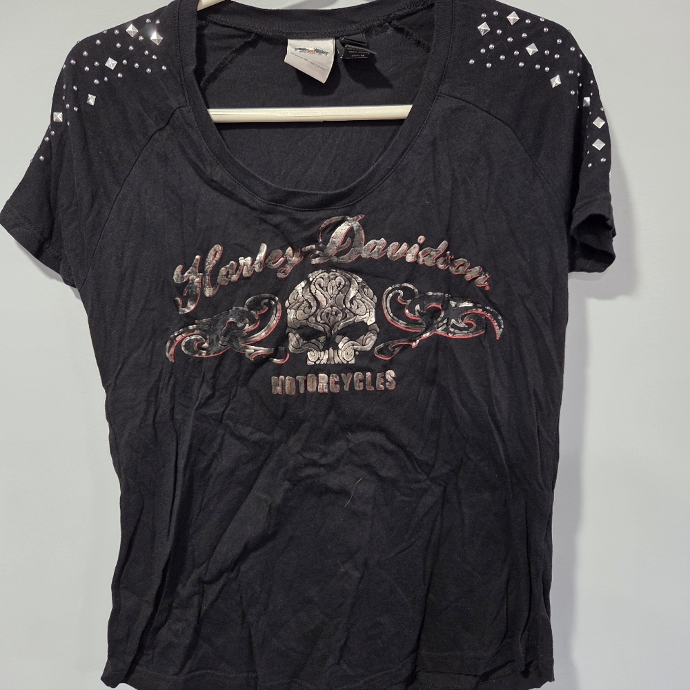Womens Medium Harley-Davidson Rhinestone Shirt Skull